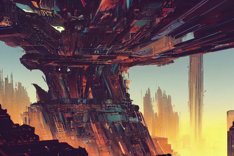 Prompt: comic book illustration, wide view of a very tall structure hovering 10 feet above the ground, the ground below it is scorched and cracked, cyberpunk concept art by Syd Mead, highly detailed, intricate, sci-fi, sharp focus, Trending on Artstation HQ, deviantart