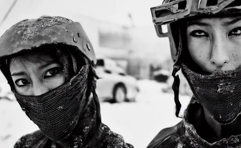 Image similar to cinestill 5 0 d candid photographic portrait by helen levitt of dichen lachman wearing rugged black mesh techwear on a dirtbike through an abandoned mall, extreme closeup, modern cyberpunk moody emotional cinematic, snow storm, 8 k, hd, high resolution, 3 5 mm, f / 3 2, ultra realistic faces, ex machina