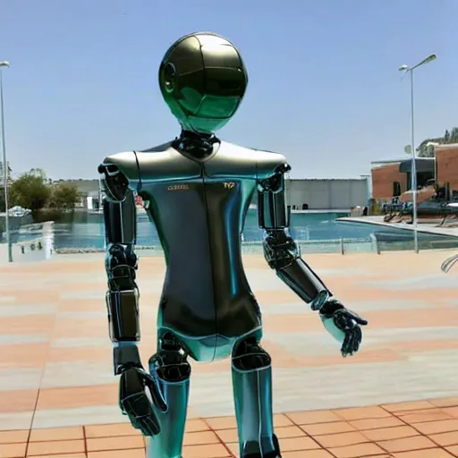 Image similar to a realistic detailed photo of a guy who is an attractive humanoid who is half robot and half humanoid, who is a male android, soccer player martin ødegaard, shiny skin, posing like a statue, blank stare, by the pool, on display, showing off his muscles, humanoid robot, frozen ice statue