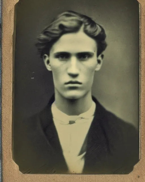 Image similar to tintype photo of alyosha karamazov, handsome innocent young russian man, by julia margaret cameron 1 8 8 0 s, realistic, body shot, sharp focus, 8 k high definition, insanely detailed, intricate, elegant