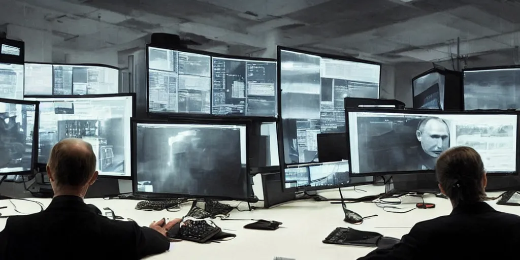 Image similar to vladimir putin hacking into the mainframe, multiple screens and monitors, dark atmosphere, creepy, very detailed, realistic photography