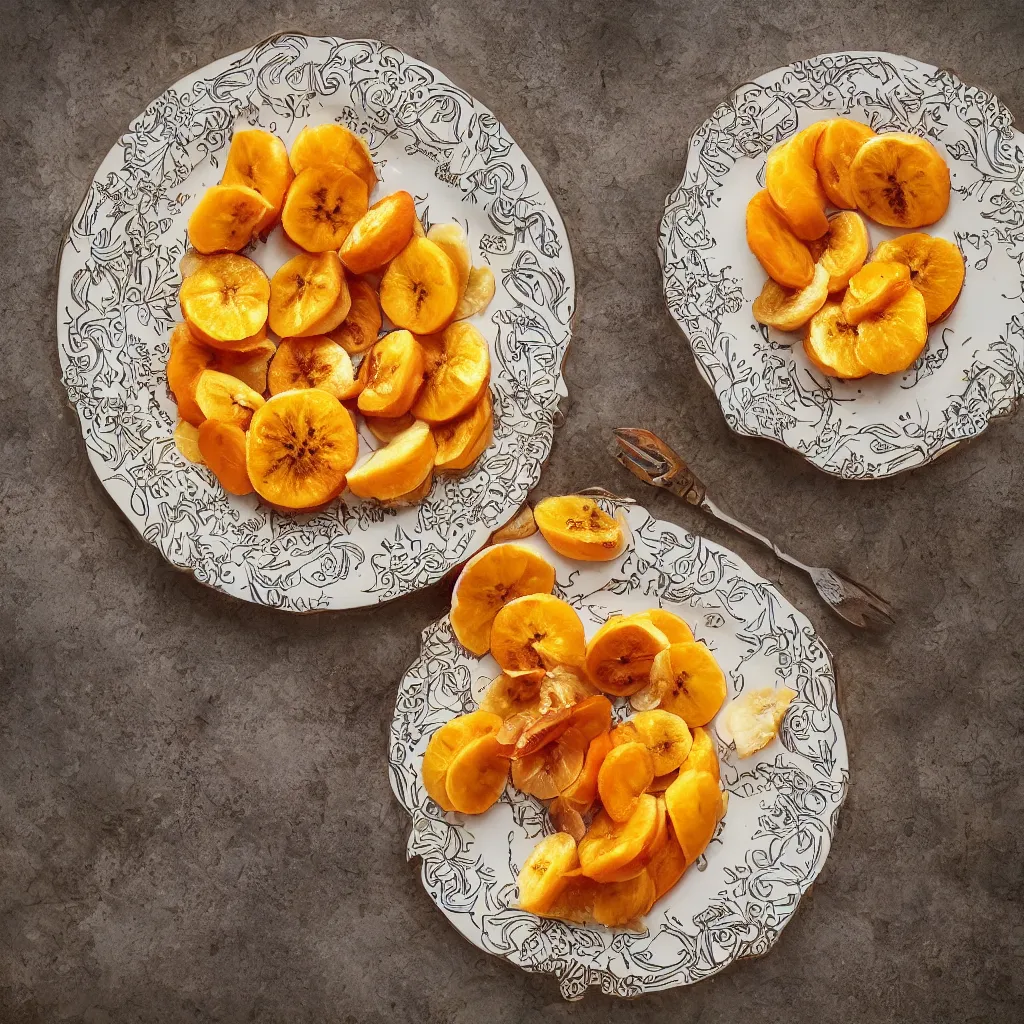 Prompt: roasted bananas peals with cut orange slices, in designer plate with flowery pattern art nouveau embroidered, closeup, hyper real, food photography, high quality