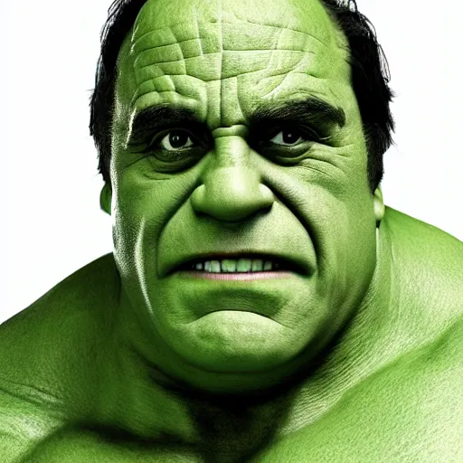 Image similar to Danny Devito as The Incredible Hulk, cinematic, realistic, detailed, portrait, green skin