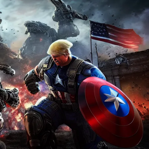 Image similar to Portrait! of President Donald Trump as ((captain america)) in Gears of War, splash art, movie still, cinematic lighting, dramatic, octane render, long lens, shallow depth of field, bokeh, anamorphic lens flare, 8k, hyper detailed, 35mm film grain