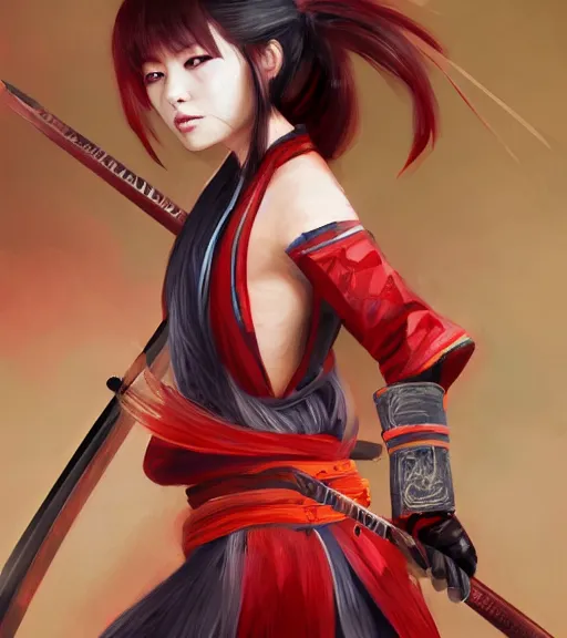 Prompt: a girl with red hair holding a katana, samurai outfit, japanese clothes, ponytail, action shot, highly detailed, digital painting, artstation, concept art, smooth, sharp focus, illustration