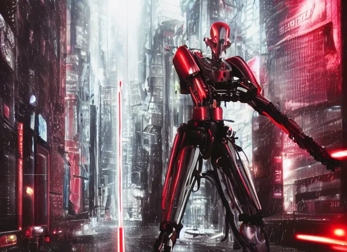 Image similar to 3 5 mm portrait photo of general grievous with heavy duty biomechanical cybernetic body with 4 arms holding 4 activated red lightsabers in the city in the rain. cyberpunk horror style.