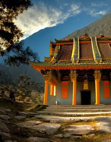 Prompt: vintage color photo of light rays shinning through a temple in Cordillera De Los Andes, 8k definition