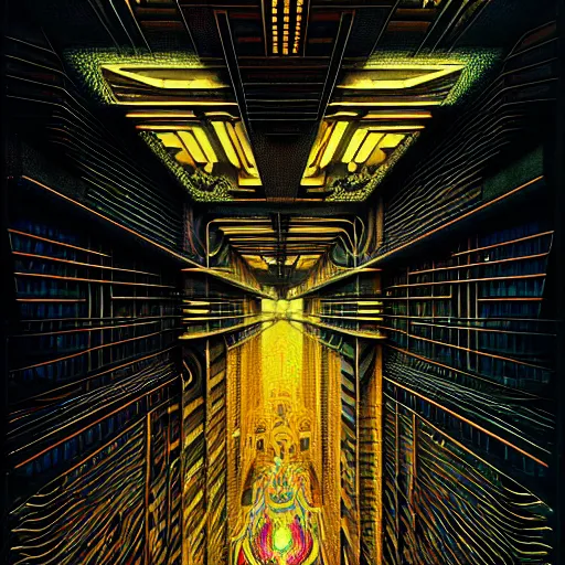 Image similar to extremely psychedelic beautiful brutalist architecture infected by night. intricate, elegant, highly detailed, extremely lifelike photorealistic digital painting, artstation. steichen, gaston bussiere, tom bagshaw, brutalist cyberpunk alphonse mucha. elegant minimalism. anatomically correct. sharp focus. black and gold. surreal lush cosmic hallucination