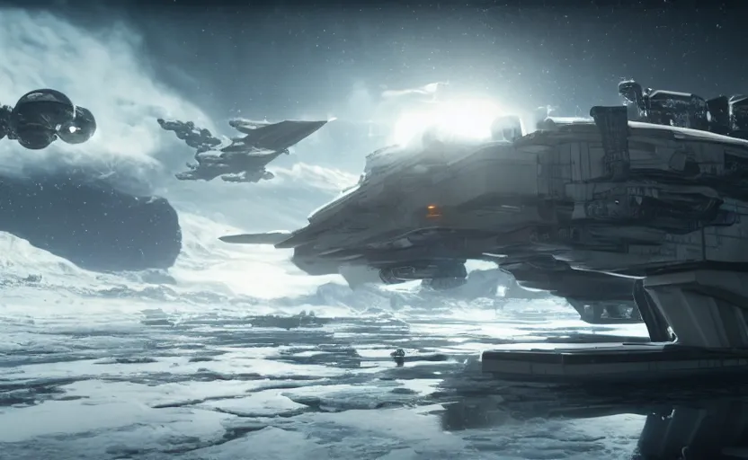 Prompt: photo of cyberpunk aircarrier taking off from the frozen surface of europa, ultra detailed, movie frame, cinematical composition, 4 k, breaking bad