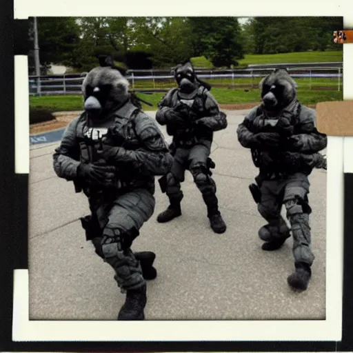 Prompt: Polaroid photo of a SWAT team of furry fursuiters engaging in a training exercise at the FBI Academy in Quantico.