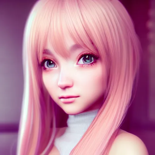 Image similar to beautiful intricate photograph of nikki from shining nikki dress - up game, a cute young woman, light pink hair, long hair with full bangs, full heart - shaped face, amber eye color, pale skin, light blush, chinese heritage,, smiling softly, golden hour, soft focus, 8 k, hyperrealism, hyperdetailed