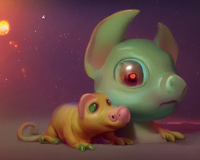 Image similar to 3D Fantasy Cute and adorable space piglet , huge adorable eyes, bright stars, Smooth 3D Illustration, soft render, Servando Lupini, Daniil Kudriavtsev, handpaint texture, Blender, 3DCoat