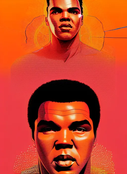 Image similar to portrait of muhammad ali, artstation winner by victo ngai, kilian eng and by jake parker, by conrad roset, black and orange color lines, winning award masterpiece, fantastically gaudy, aesthetic octane render, 8 k hd resolution