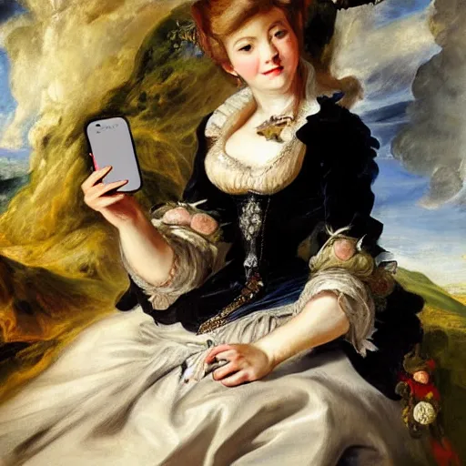 Image similar to heavenly summer sharp land sphere scallop well dressed lady taking a selfie with her iphone auslese, by peter paul rubens and eugene delacroix and karol bak, hyperrealism, digital illustration, fauvist, iphone