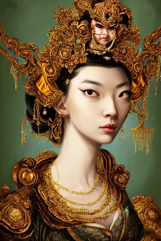 Image similar to a beautiful empress portrait, with a brilliant, impossible striking big Cat headpiece, clothes made of cats, everything cats, symmetrical, dramatic studio lighting, rococo, baroque, greens, asian, hyperrealism, closeup, D&D, fantasy, intricate, elegant, highly detailed, digital painting, artstation, octane render, 8k, concept art, matte, sharp focus, illustration, art by Artgerm and Greg Rutkowski and Alphonse Mucha