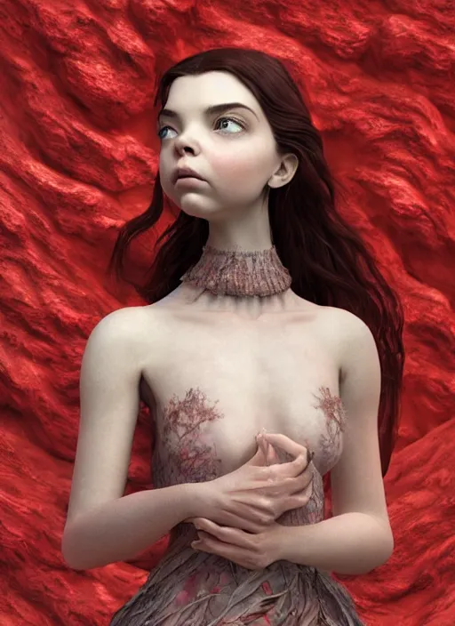 Image similar to hyper detailed 3d render like a Oil painting - very coherent Concrete displacement mapped profile subsurface scattering (a beautiful fae princess protective playful expressive from dark crystal that looks like Anya Taylor-Joy) seen red carpet photoshoot in UVIVF posing in scaly dress to Eat of the Strangling network of yellowcake aerochrome and milky Fruit and His delicate Hands hold of gossamer polyp blossoms bring iridescent fungal flowers whose spores black the foolish stars by Jacek Yerka, Ilya Kuvshinov, Mariusz Lewandowski, Houdini algorithmic generative render, golen ratio, Abstract brush strokes, Masterpiece, Victor Nizovtsev and James Gilleard, Zdzislaw Beksinski, Tom Whalen, Mark Ryden, Wolfgang Lettl, hints of Yayoi Kasuma and Dr. Seuss, Grant Wood, octane render, 8k