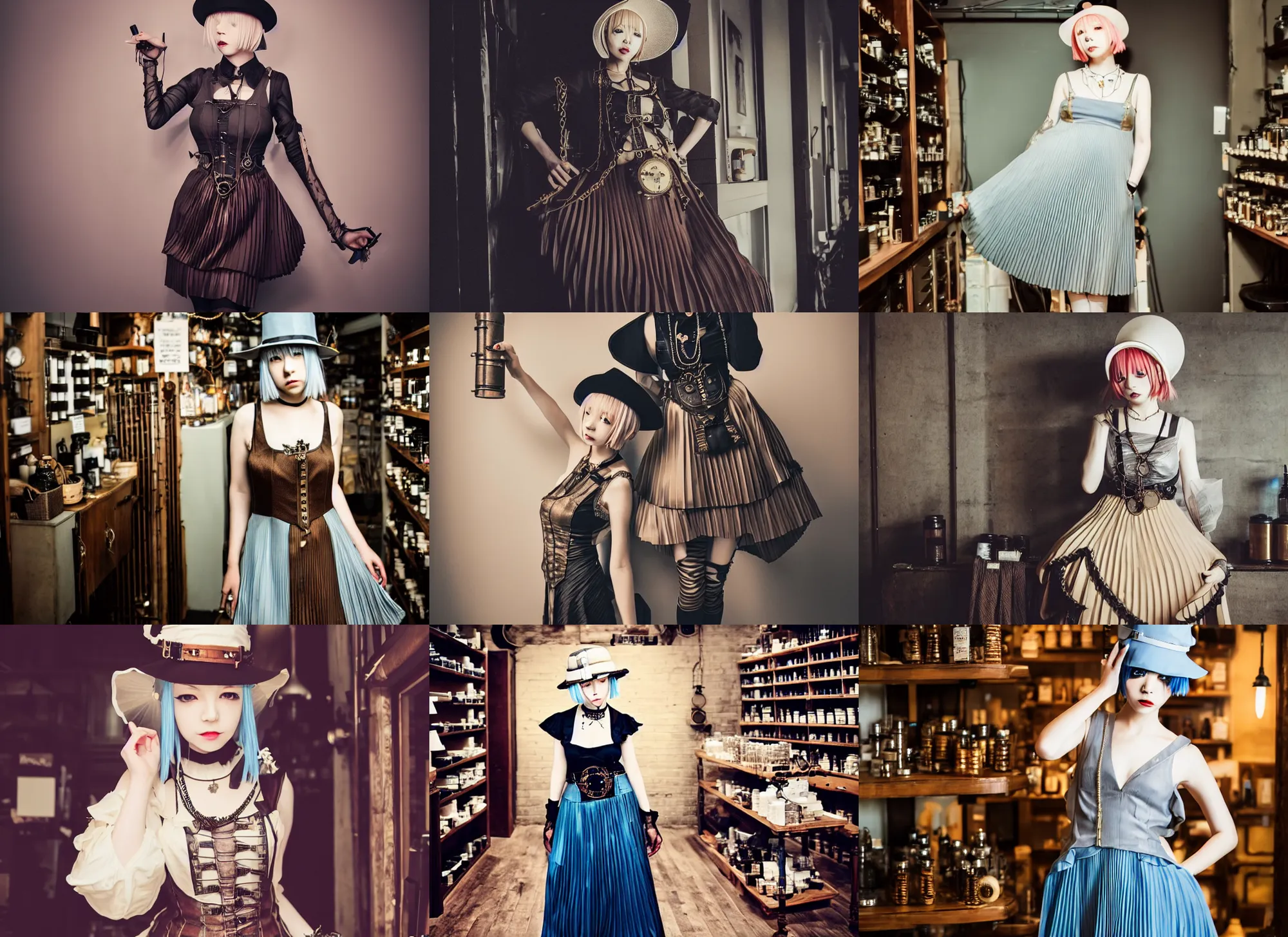 Prompt: full body portrait photo of reol wearing a elegant pleated steampunk dress, open top, wearing a cute hat, shopping at an apothecary store interior, dim studio lighting, at night, ( ( photograph ) ), moody, realistic, detailed, low light, skin tinted a warm tone, light blue filter