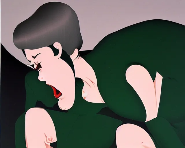 Prompt: a terrifying, disturbing painting by Hiroshi Nagai. Reg, green, and black