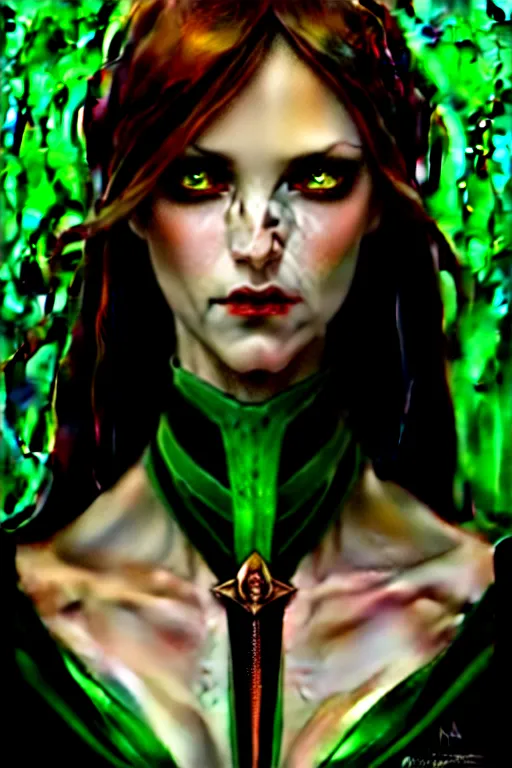 Image similar to portrait of a dark fantasy seductive female necromancer, stylish black dress, green eyes, long red hair, fantasy, elegant, intricate, full frontal shot, highly detailed, digital painting, artstation, concept art, sharp focus, illustration, art by artgerm and greg rutkowski and alphonse mucha