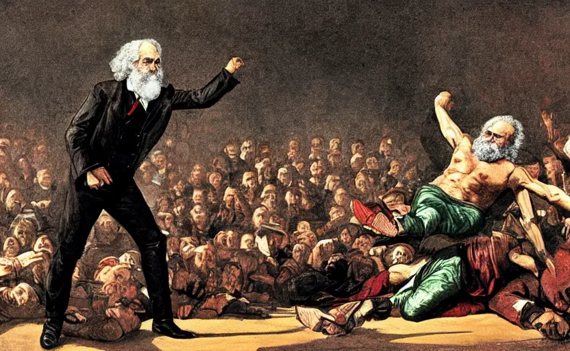 Image similar to Karl Marx as WWE wrestler suplexing Friedrich Nietsche on a WWE ring and the crowd goes crazy