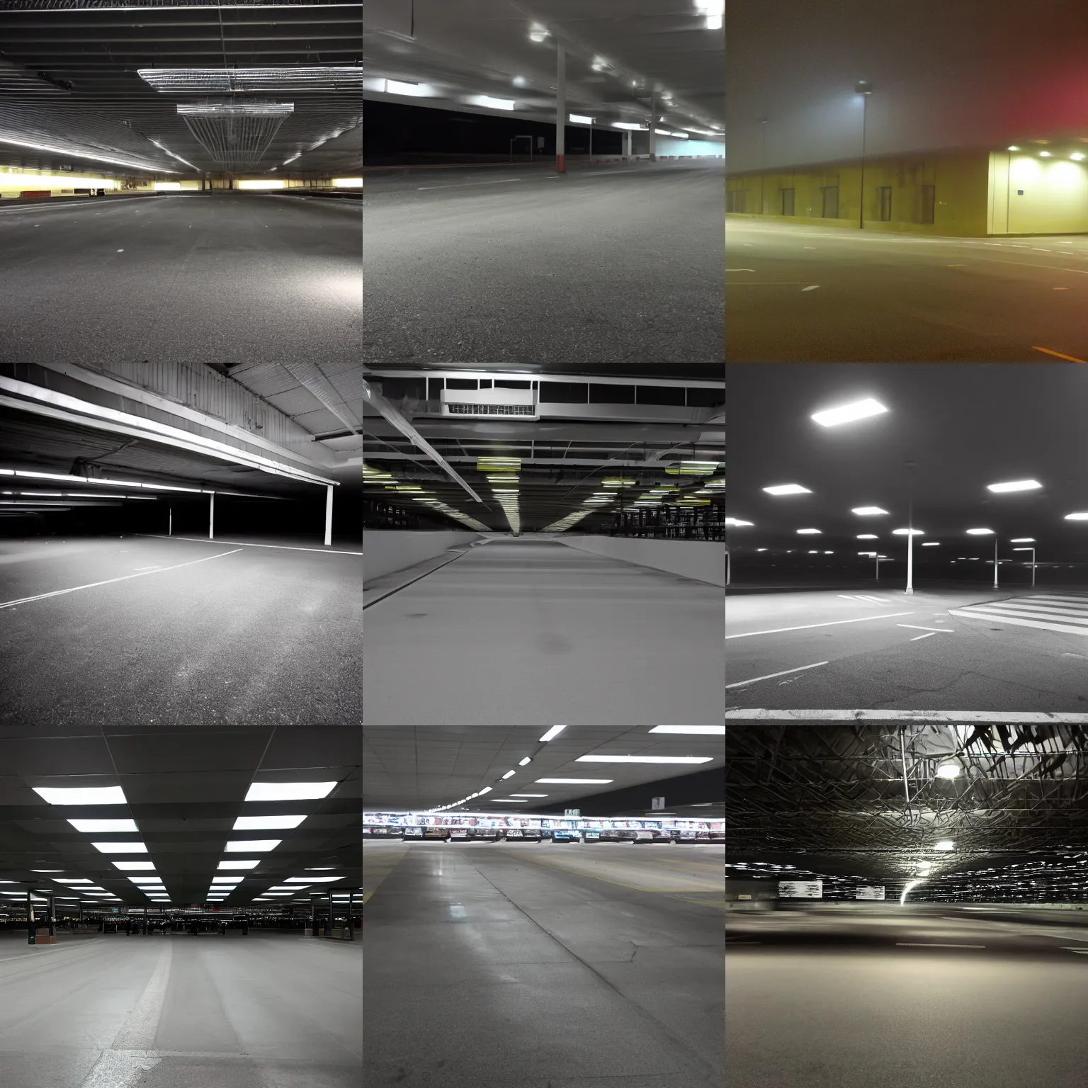 Prompt: empty parking of a supermarket at midnight taken with a flash, slightly foggy, jpg artifacts, liminal space