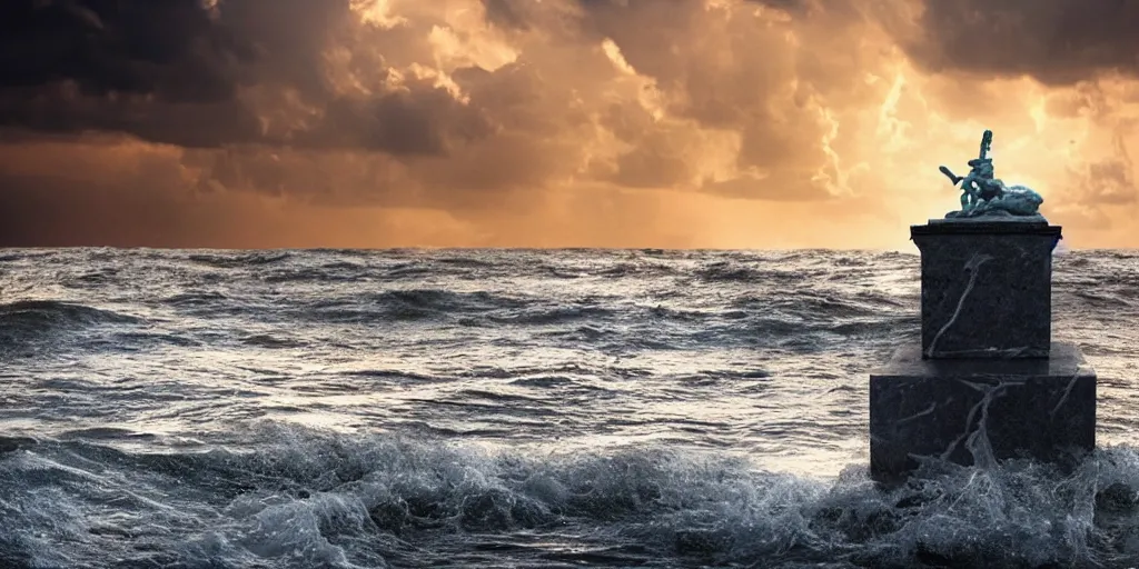 Image similar to a photograph of a marble Poseidon statue emerging from a stormy sea at sunset, photo-realistic, very beautiful, ultra-detailed, 4k