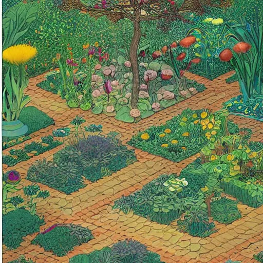 Image similar to an illustration of a beautiful garden, isometric view, painted by moebius and james jean