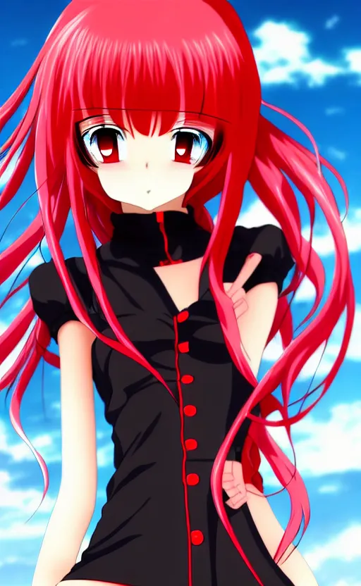 Prompt: anime girl with a detailed face and black hair in a red outfit, full body, bottom half of photo, trending, illustration