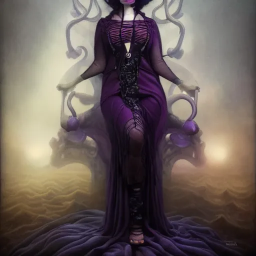 Prompt: by tom bagshaw, photorealistic body shot of an absurdities carnival, curvy full gothic long dress, tentacles, ultra deep fog, purple black lustrous thin haircut, symmetry accurate features, focus, very intricate ultrafine details, award winning masterpiece