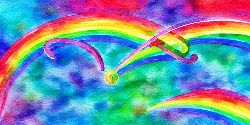 Prompt: musical notes in a prism rainbow, a curvy staff of musical notation flowing out of a prism rainbow. comic book panel background, muted colors, dreamy watercolor wash, in the style of Pink Floyd Dark Side of the Moon