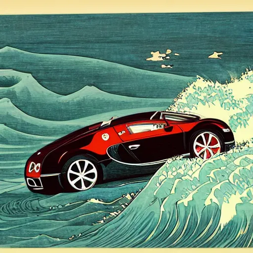 Image similar to Bugatti veyron driving on the Pacific ocean, highly detailed, intricate, in the style of hokusai