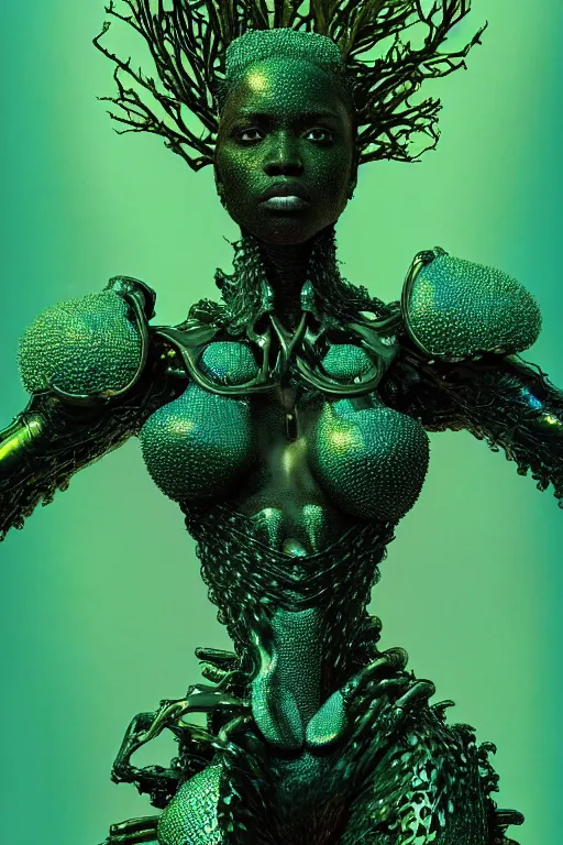 Image similar to hyperrealistic post - baroque super expressive! black woman with exoskeleton armor, merging with tree in a forest, highly detailed digital art masterpiece smooth cam de leon eric zener dramatic pearlescent blue green light ground angle hd 8 k sharp focus