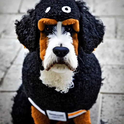 Image similar to a closeup photorealistic photograph of a cute smiling knitted bernedoodle judge dog dressed in a black gown, presiding over the courthouse. indoors, professional capture, well lit shot. this 4 k hd image is trending on artstation, featured on behance, well - rendered, extra crisp, features intricate detail, epic composition and the style of unreal engine.