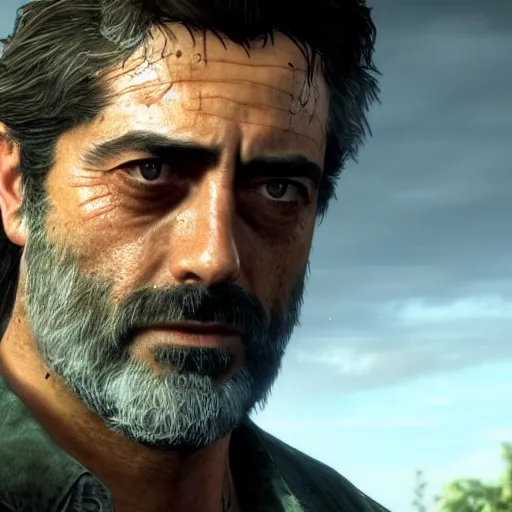 Prompt: Film still of Jeffrey Dean Morgan with long hair and beard, from The Last Of Us (video game)