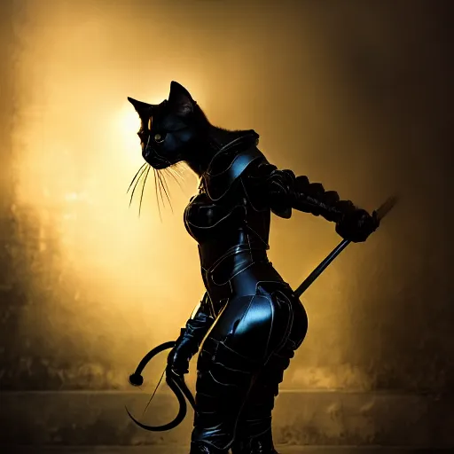 Image similar to Black Cat in armor fighting a demon cinematic lighting, fine detail, trending on artstation, ultra crisp, high contrast, ominous, threatening, haunting, forbidding, gloomy, Long shot