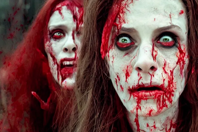 Image similar to film still of zombie zombie Scarlet Witch as a zombie in new avengers movie, 4k