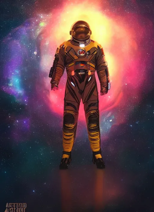 Prompt: cinematic medium shot of handsome black man in an advanced spacesuit in front of exploding nebulae halos, digital illustration trending on artstation by artgerm and rutkowski