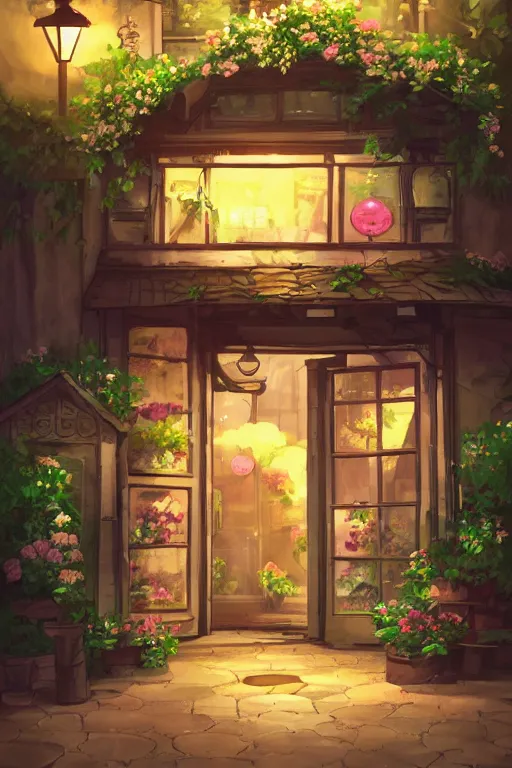 Image similar to a little flower shop's front gate, nostalgic, fresh digital illustrati on, dramatic lighting, pixiv