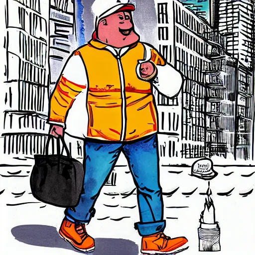 Image similar to the stay puff marshmallow man wearing timberland shoes and hat while smoking a joint and walking in new york city, digital art