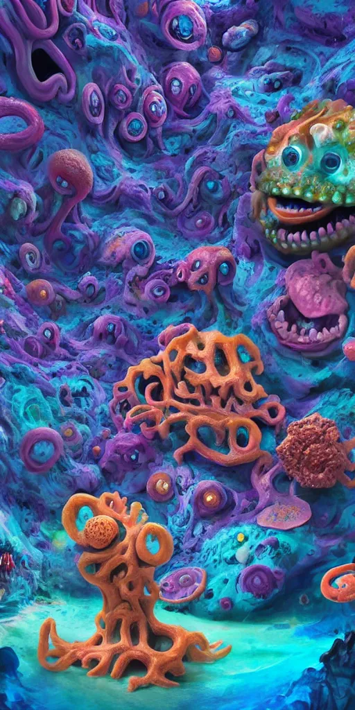 Image similar to of a colorful deep sea cave with strange cute friendly happy creatures with huge eyes, mouth, long tongue and round teeth appearing from sandy coral, in the style of gehry and gaudi, macro lens, shallow depth of field, ultra detailed, digital painting, trending artstation, concept art, illustration, cinematic lighting, photorealism, epic, octane render