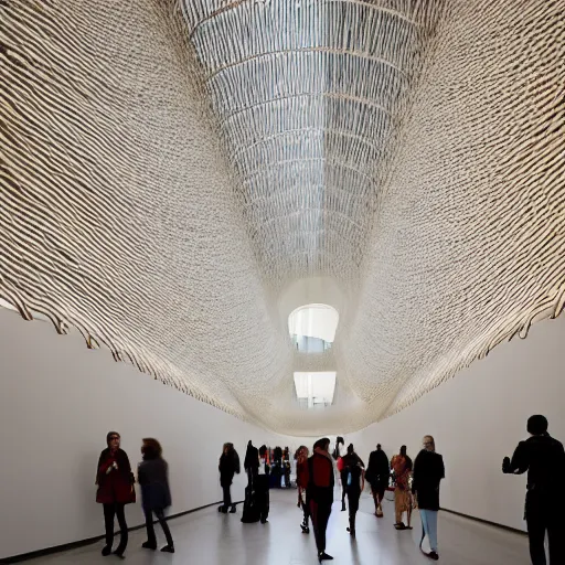 Prompt: a complex cultural centre made of willow woven around thick columns of rope, modern gallery furniture, crowds of people wandering through exhibitions, bright daylight indoor photo, a fusion of eero saarinen and calatrava, indoor picture, architectural photography
