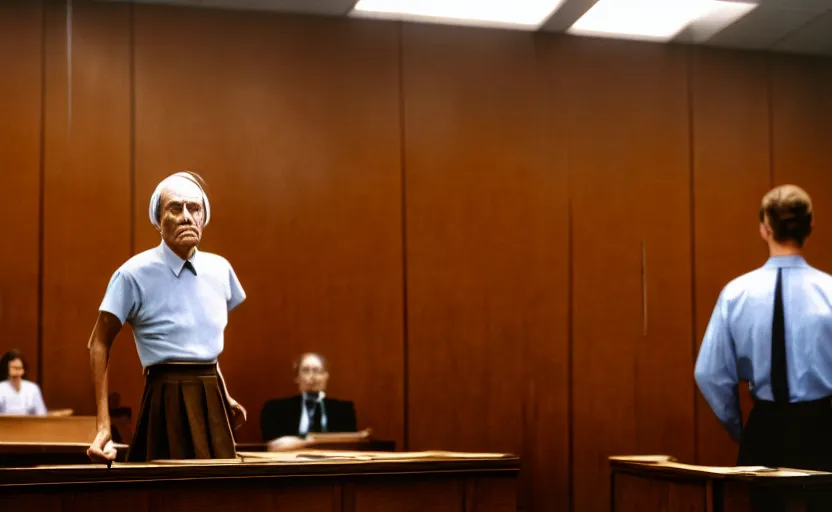 Prompt: a man in a skirt in a courtroom, no blur, 4 k resolution, ultra detailed by william eggleston
