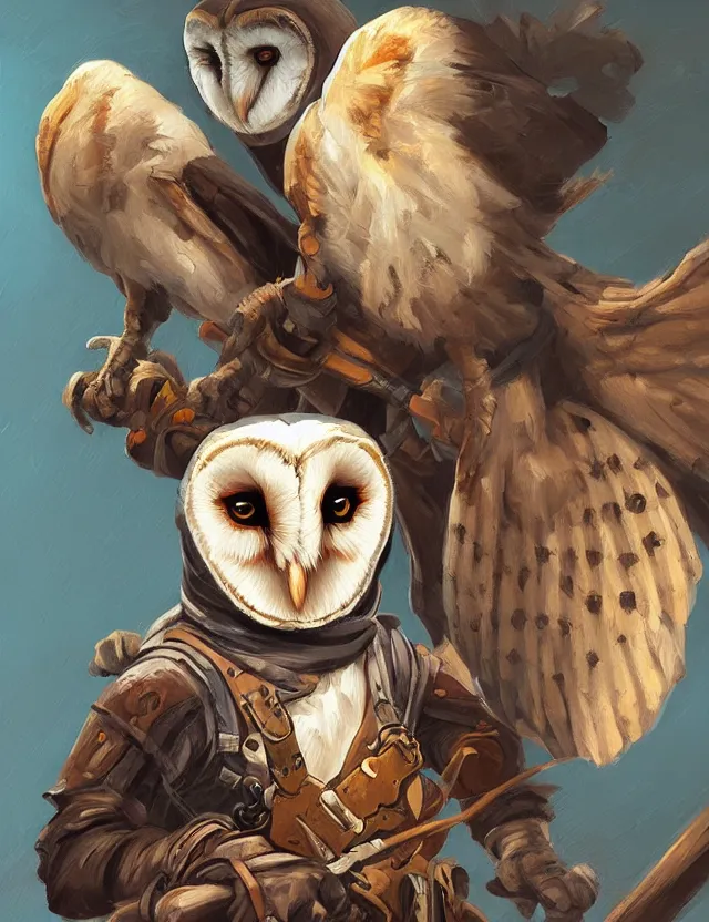 Prompt: barn owl - inspired rogue. this heavily stylized oil painting by the award - winning comic artist has interesting color contrasts, plenty of details and impeccable lighting.