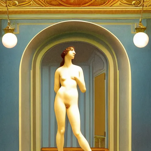 Prompt: a goddess in a liminal room, film still by wes anderson, depicted by canova, limited color palette, very intricate, art nouveau, highly detailed, lights by hopper, soft pastel colors, minimalist