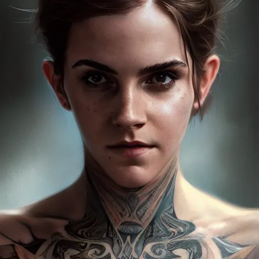 Prompt: portrait painting of a muscular emma watson, tattoo, ultra realistic, concept art, intricate details, eerie, highly detailed, photorealistic, octane render, 8 k, unreal engine. art by artgerm and greg rutkowski and alphonse mucha