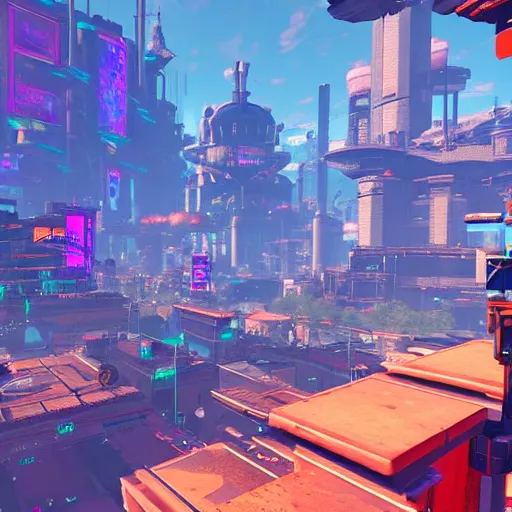 Prompt: a screenshot of a cyberpunk city in the style of breath of the wild