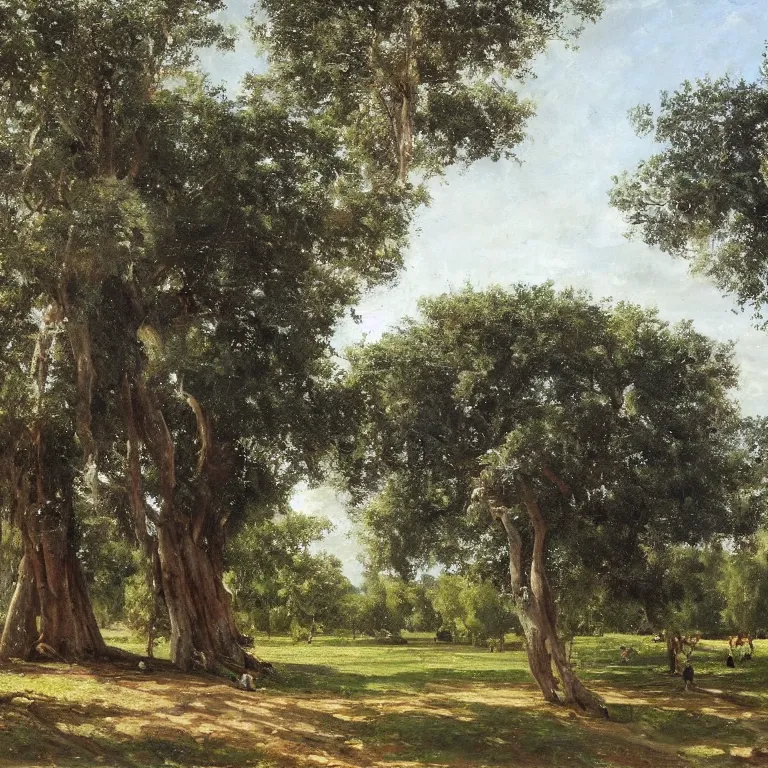 Prompt: banyan trees by the pond, boys are under the tree, oil on the canvas, summer day, film perspective, by ivan ivanovich shishkin, 8 k