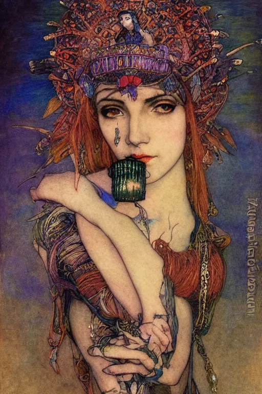 Image similar to queen of the dawn with her lantern and birds, by Luis Royo Annie Swynnerton and Nicholas Roerich Edmund Dulac, tattooed face, elaborate headdress and embroidered velvet, iridescent beetles, rich color, dramatic cinematic lighting, extremely detailed