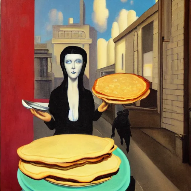 Prompt: tall emo female artist holding pancakes, in chippendale sydney, pigs, octopus, acrylic on canvas, surrealist, by magritte and monet