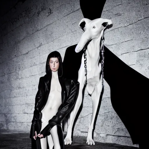 Image similar to fashion photography of an extraterrestrial model, holding a white doberman, wearing demobaza fashion, inside berghain, berlin fashion, harness, futuristic fashion, dark minimal outfit, photo 3 5 mm leica, hyperdetail, berghain, 8 k, very detailed, photo by nick knight